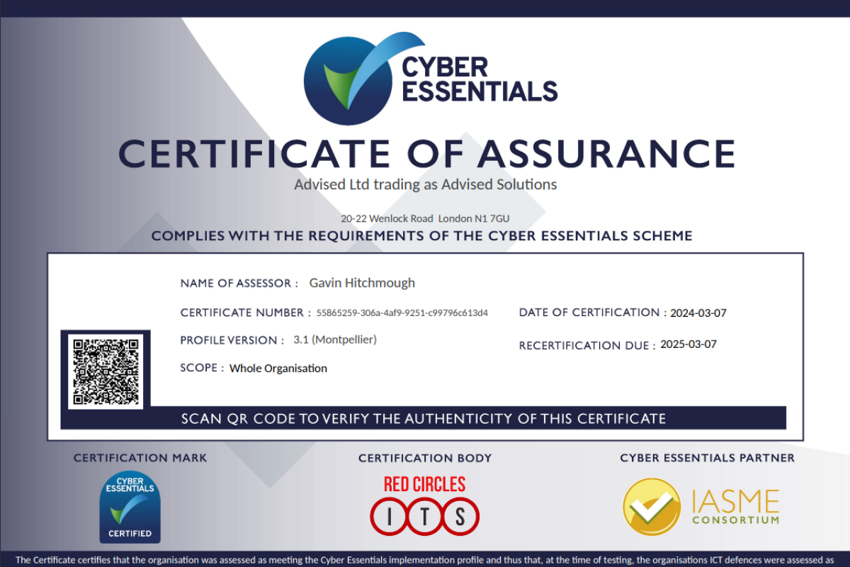 Advised Solutions Certificate of Assurance Cyber Essentials